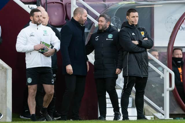Robbie Neilson greets former team-mate Lee Johnson ahead of the last league derby at Tynecastle