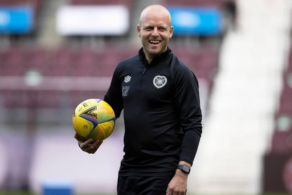 EDINBURGH, SCOTLAND - SEPTEMBER 25:  Hearts coach Steven Naismith during a cinch Premiership match between Heart of Midlothian and Livingston at Tynecastle park, on September 25, 2021, in Edinburgh, Scotland. (Photo by Alan Harvey / SNS Group)