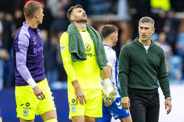Hibs manager Nick Montgomery and goalkeeper David Marshall after the 2-2 draw against Kilmarnock.
