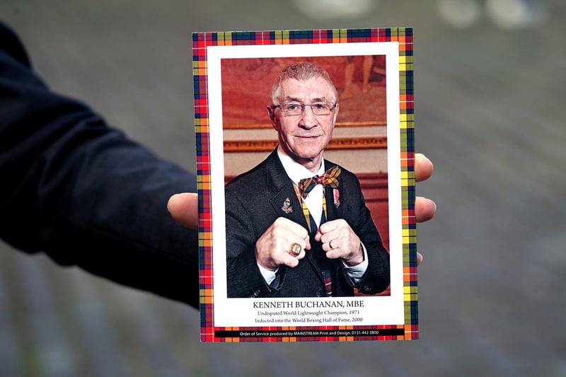 The order of service for Ken Buchanan's memorial featured a picture of the boxing great and a Buchanan tartan border.