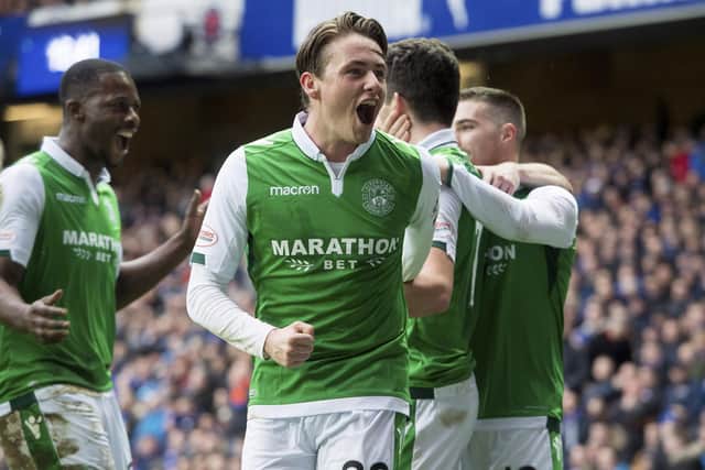 Allan celebrates as Hibs take the lead against Rangers at Ibrox in an eventual 2-1 win in February 2018