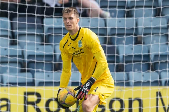 Matt Macey in action for Hibs against Dundee at Dens Park