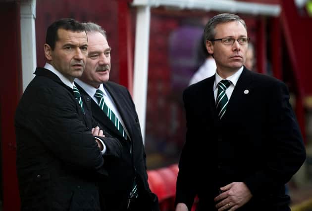 Former Hibs chief executive Scott Lindsay pictured in 2011 (right) with then manager Colin Calderwood (left) and chairman Rod Petrie (centre).