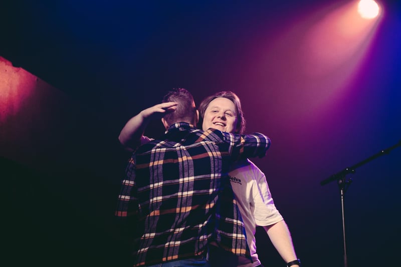 Lewis Capaldi gets a big hug from local comedian Daniel Sloss the start of his show at the O2 Academy in Edinburgh. Photo: Cameron Brisbane
