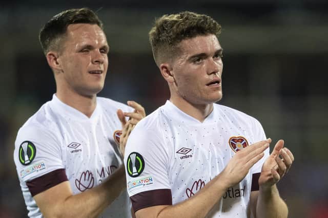 Euan Henderson, alongside top goalscorer from last term Lawrence Shankland, at full-time after Hearts lost away to Fiorentina in last season's Europa Conference League. Picture: SNS