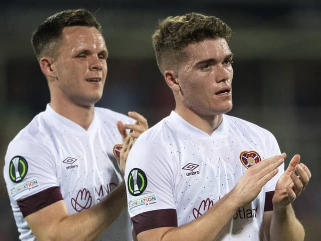 Euan Henderson, alongside top goalscorer from last term Lawrence Shankland, at full-time after Hearts lost away to Fiorentina in last season's Europa Conference League. Picture: SNS