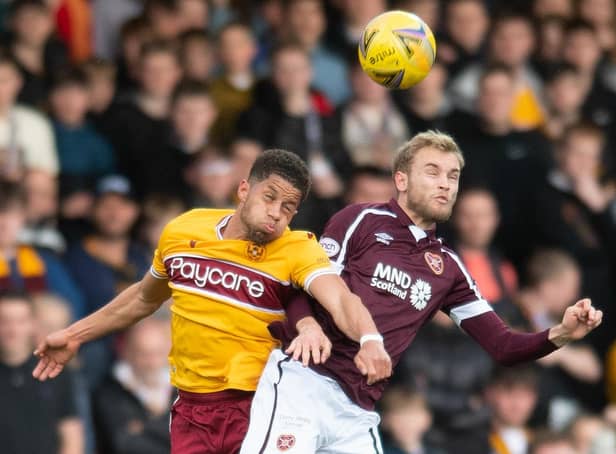 Motherwell's Jake Carroll and Nathaniel Atkinson challenge for the ball in the air at Fir Park