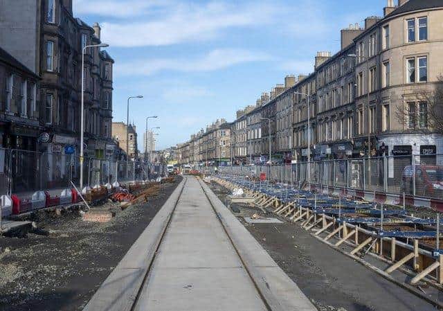 Leith Walk is closed as the first tram tracks are laid for the Newhaven extension