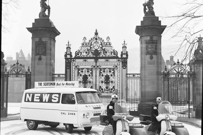 The new Scotsman delivery van and scooters outside the gates of Holyrood Palace Edinburgh  in December 1965.