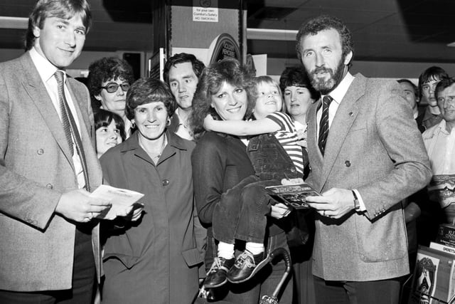 Scotland international footballers Alan Rough and Danny McGrain promote the Scottish World Cup Squad record 'We Have a Dream' in John Menzies' Princes Street store in Edinburgh, May 1982.