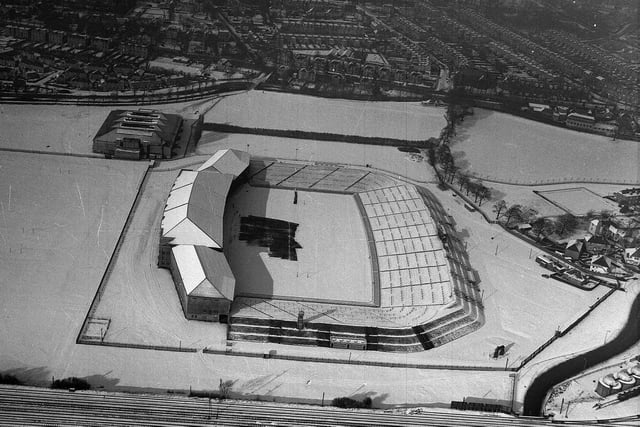 This aerial photo shows snow being cleared from the Murrayfield pitch before switching on the electric blanket in February 1963.