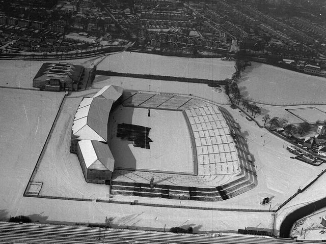 This aerial photo shows snow being cleared from the Murrayfield pitch before switching on the electric blanket in February 1963.