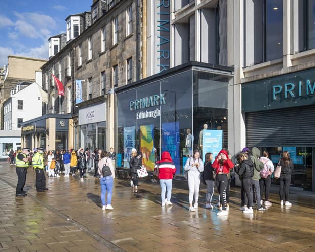 People queue outside the flagship Scottish Primark store on Princes Street in Edinburgh after it reopened following the initial spring 2020 lockdown. Picture: Jane Barlow/PA Wire