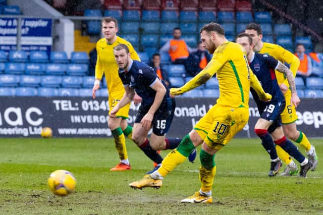 Hibs' Martin Boyle scores a penalty to help his side on the way to victory over Ross County. Photo by Alan Harvey / SNS Group