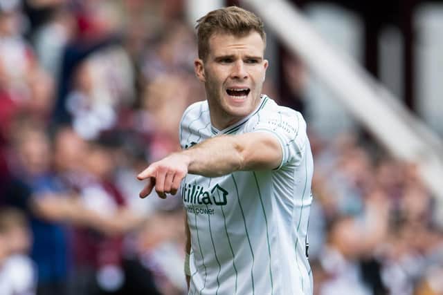 Chris Cadden in the thick of the action on his return to the Hibs team against Hearts at Tynecastle