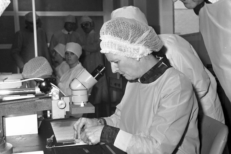 Prime Minister Margaret Thatcher in protective clothing when she visits the Ethicon surgical sutures factory at Sighthill Edinburgh in July 1979.