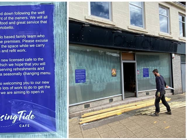 A sign in the widow of the former Chef Chi Chinese restaurant in Edinburgh informs customers of the opening of the Rising Tide cafe later this year.