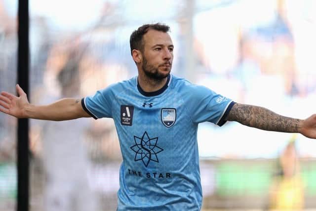 Adam Le Fondre celebrates scoring for Sydney FC in the top flight of Australian football earlier this year. Picture: Getty