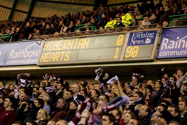 Hearts fans in the away end at Easter Road.