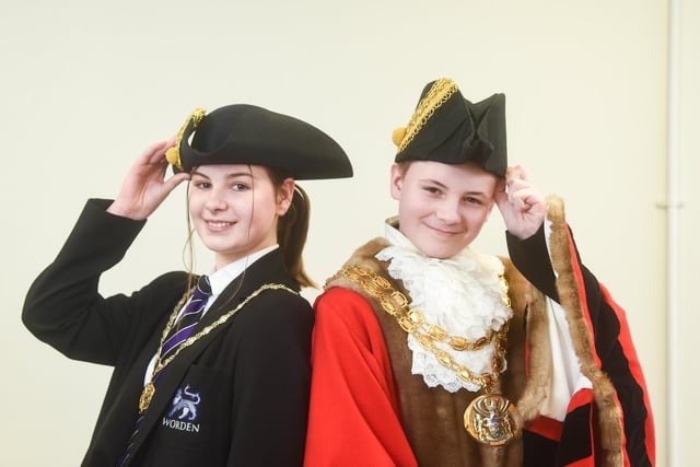 Pupils Katie and George dressed in the mayoral robes.