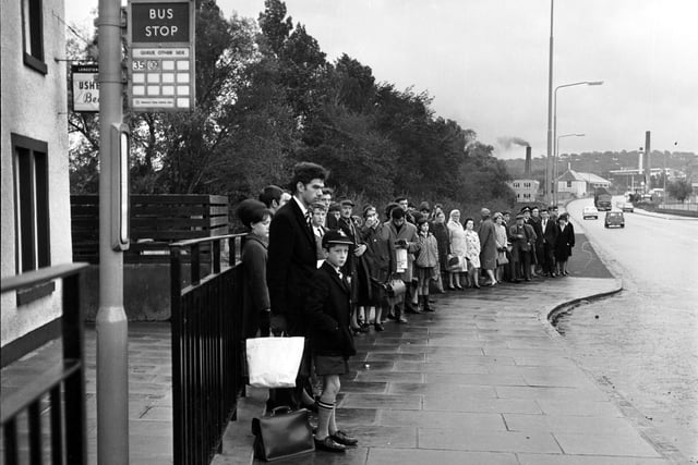 Passengers formed an orderly queue at a Longstone Road bus stop as the Edinburgh Corporation Buses drivers worked to rule in October 1967.
