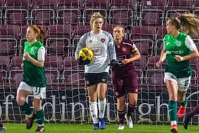 Lisa Rodgers in action against Hibs at Tynecastle earlier in the season, where she made her debut as a 15-year-old. Picture: David Mollison