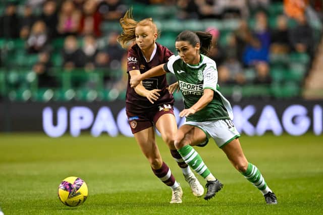 Hearts attacker Jenny Smith battles for possession with Shannon McGregor during the 1-1 draw between the sides at Easter Road earlier in the season. Picture: Malcolm Mackenzie