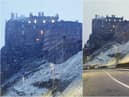 Snow falls in Scotland against a backdrop of Edinburgh Castle as Storm Eunice sweeps across the UK