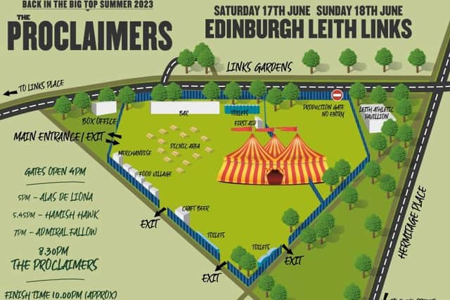 The site map for The Proclaimers shows at Leith Links this weekend.