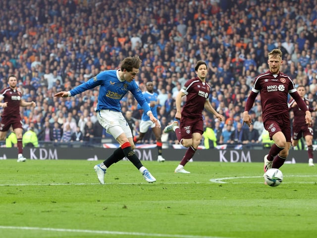 Rangers' Scott Wright (centre) scores their side's second goal of the game during the Scottish Cup final