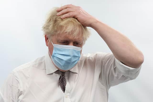 British Prime Minister Boris Johnson gestures as he visits Finchley Memorial Hospital in  North London. Picture: Ian Vogler/AFP via Getty Images