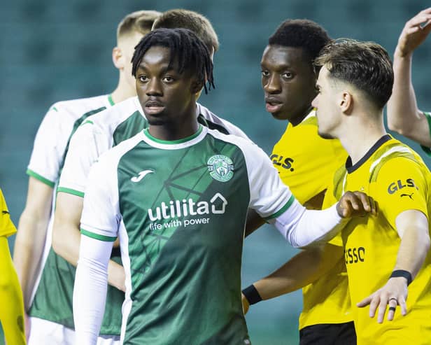 Kanayo Megwa in action for Hibs during the UEFA Youth League clash with Borussia Dortmund. Picture: Ewan Bootman/SNS Group