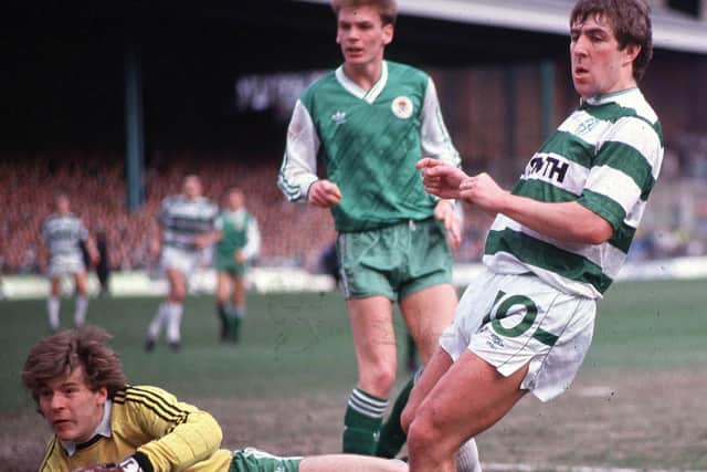 Goram makes a save at the feet of Mark McGhee during a clash between Celtic and Hibs in February 1988