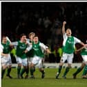 Hibs players -including Stephen Dobbie, second from left - celebrate their penalty shoot-out victory over Rangers in the 2004 League Cup semi-final ... Pic Donald MacLeod 05.02.04