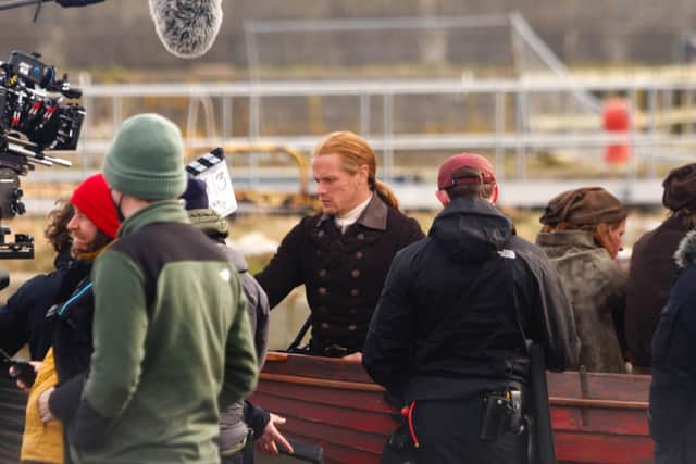 Sam Heughan (Jamie Fraser) spotted during Outlander filming Season 7 at Burntisland's East Dock, 7 April 2022 (Photo: Michael Booth)