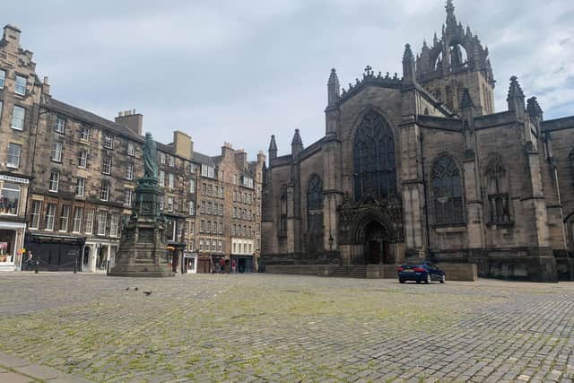 Green grass has shot up across the square at St Giles’ Cathedral