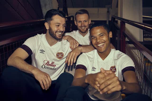 Craig Halkett, Stephen Kingsley and Toby Sibbick display the new Hearts away jersey. Picture: Stuart Manley/Hearts FC