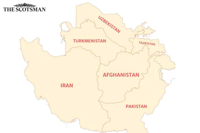 Located in central Asia, Afghanistan is a landlocked country sharing borders with Iran, Pakistan, Tajikistan, Turkmenistan and Uzbekistan