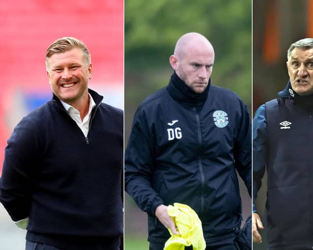 Karl Robinson, left, and Tony Mowbray, right, have both been linked with the role. David Gray, centre, is in interim charge until the end of the season. Pictures: Getty Images / SNS Group