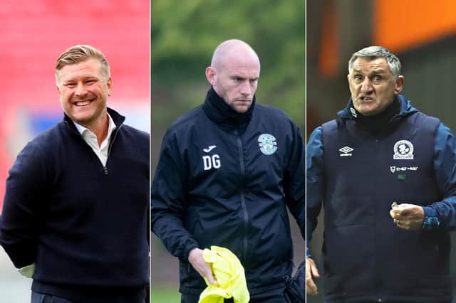 Karl Robinson, left, and Tony Mowbray, right, have both been linked with the role. David Gray, centre, is in interim charge until the end of the season. Pictures: Getty Images / SNS Group