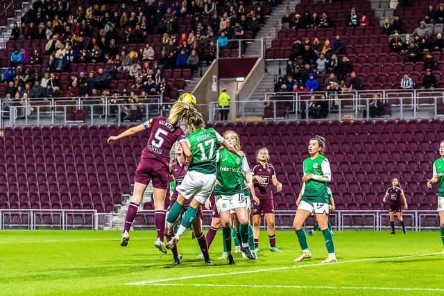 Georgia Hunter goes up for a header in Hearts' 3-1 defeat to Hibs at Tynecastle Park earlier in the season. Picture: David Mollison