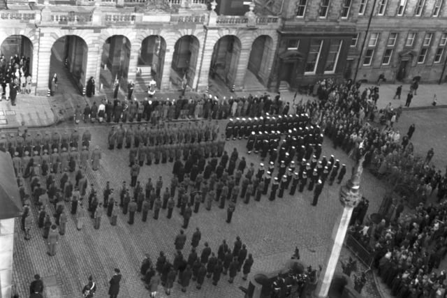 Members of the Armed Forces assembled outside Edinburgh City Chambers in the High Street for a Remembrance Day ceremony in 1980.