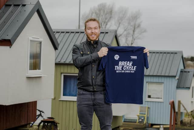 Sir Chis Hoy MBE at the Social Bite first village project in Edinburgh, to launch Break the Cycle, a 60-mile bike ride set up to fundraise £1m to build a further two village projects for people experiencing homelessness in Glasgow and London.