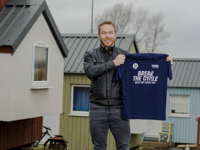 Sir Chis Hoy MBE at the Social Bite first village project in Edinburgh, to launch Break the Cycle, a 60-mile bike ride set up to fundraise £1m to build a further two village projects for people experiencing homelessness in Glasgow and London.