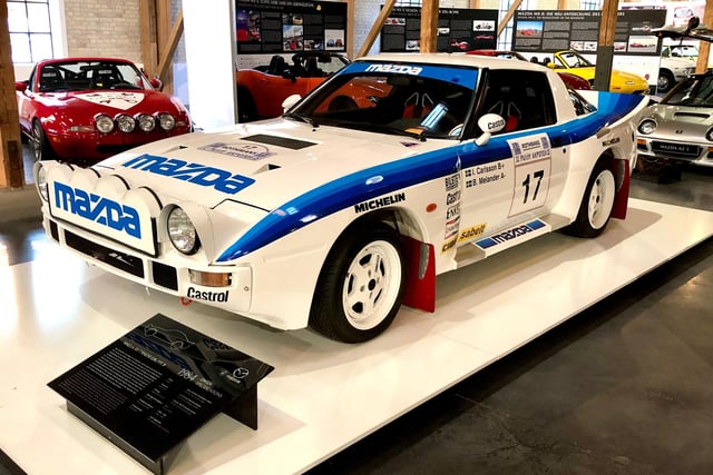 The RX-7 also went rallying. In 1985, this RX-7 Group B rally car, piloted by Ingvar Carlsson, finished third in the Acropolis Rally. I love the stylistic white and blue livery, and for me it was one of the standout cars on display.