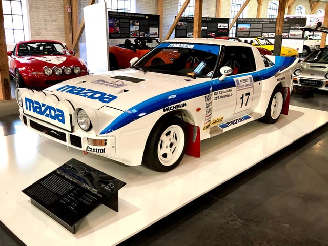 The RX-7 also went rallying. In 1985, this RX-7 Group B rally car, piloted by Ingvar Carlsson, finished third in the Acropolis Rally. I love the stylistic white and blue livery, and for me it was one of the standout cars on display.