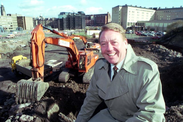 Chief Executive Hans Rissner checks how construction of the Edinburgh International Conference Centre (EICC) is progressing. The EICC opened on Morrison Street in 1995.