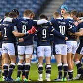 Scotland players huddle before kick off during the Six Nations international rugby union match between Scotland and Wales at Murrayfield Stadium in Edinburgh on February 13, 2021. Picture: Andy Buchanan/AFP via Getty Images