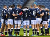 Scotland players huddle before kick off during the Six Nations international rugby union match between Scotland and Wales at Murrayfield Stadium in Edinburgh on February 13, 2021. Picture: Andy Buchanan/AFP via Getty Images