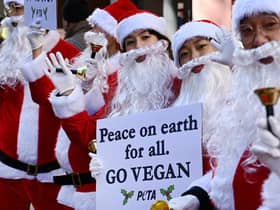 Protesters dressed as Santa Claus urge people to go vegan (Picture: Richard A Brooks/AFP via Getty Images)